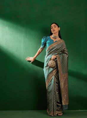 Sky Blue Color Weaving Work Faux Banarasi Silk Saree With Blouse 2