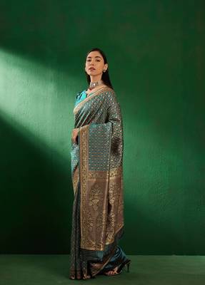Sky Blue Color Weaving Work Faux Banarasi Silk Saree With Blouse 3
