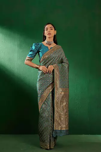 Sky Blue Color Weaving Work Faux Banarasi Silk Saree With Blouse
