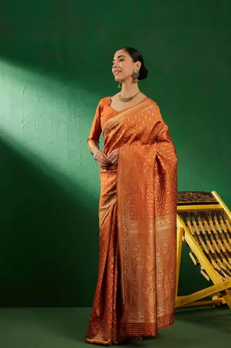Fanta Color Weaving Work Faux Banarasi Silk Saree With Blouse