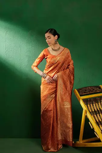Fanta Color Weaving Work Faux Banarasi Silk Saree With Blouse