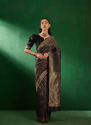 Black Color Weaving Work Faux Banarasi Silk Saree With Blouse 1