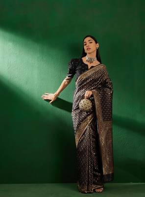Black Color Weaving Work Faux Banarasi Silk Saree With Blouse 2