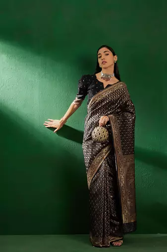 Black Color Weaving Work Faux Banarasi Silk Saree With Blouse