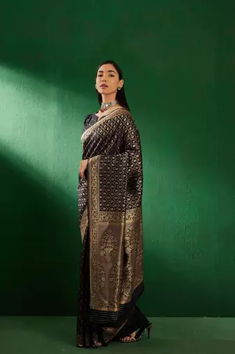 Black Color Weaving Work Faux Banarasi Silk Saree With Blouse