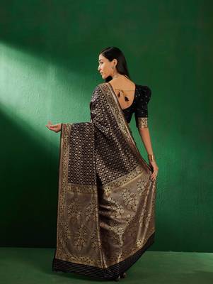 Black Color Weaving Work Faux Banarasi Silk Saree With Blouse 5