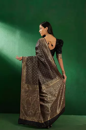 Black Color Weaving Work Faux Banarasi Silk Saree With Blouse