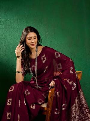 Wine Color Weaving Work Cotton Blend Saree With Blouse 1