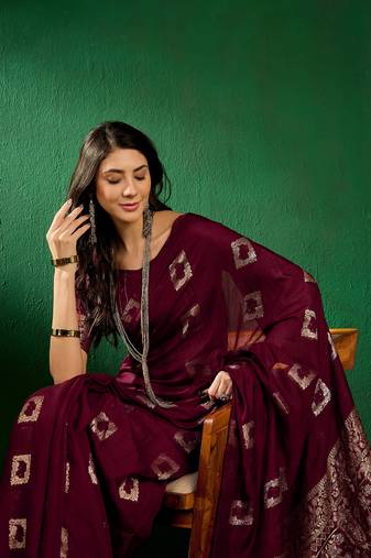 Wine Color Weaving Work Cotton Blend Saree With Blouse