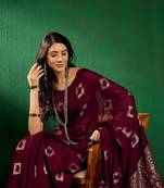 Wine Color Weaving Work Cotton Blend Saree With Blouse