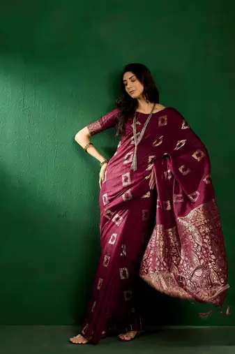 Wine Color Weaving Work Cotton Blend Saree With Blouse