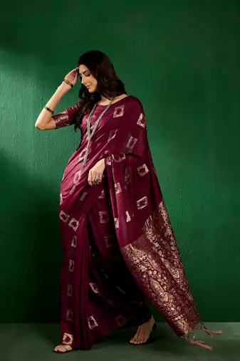 Wine Color Weaving Work Cotton Blend Saree With Blouse