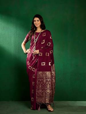Wine Color Weaving Work Cotton Blend Saree With Blouse 4