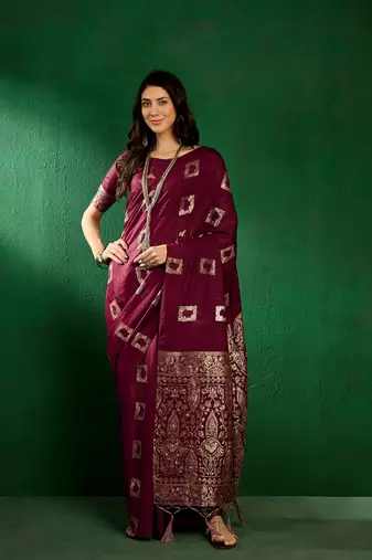 Wine Color Weaving Work Cotton Blend Saree With Blouse