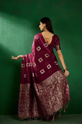 Wine Color Weaving Work Cotton Blend Saree With Blouse