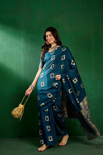 Teal Color Weaving Work Cotton Blend Saree With Blouse