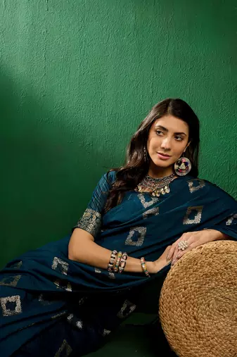 Teal Color Weaving Work Cotton Blend Saree With Blouse