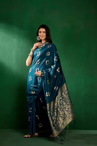 Teal Color Weaving Work Cotton Blend Saree With Blouse