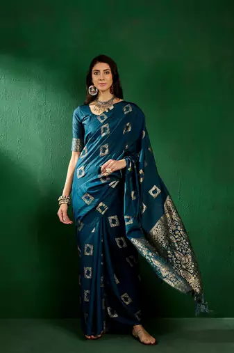 Teal Color Weaving Work Cotton Blend Saree With Blouse