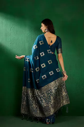 Teal Color Weaving Work Cotton Blend Saree With Blouse