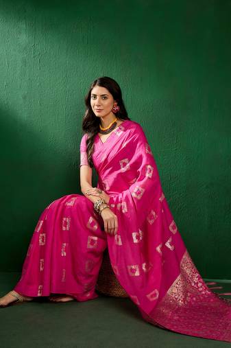 Pink Color Weaving Work Cotton Blend Saree With Blouse
