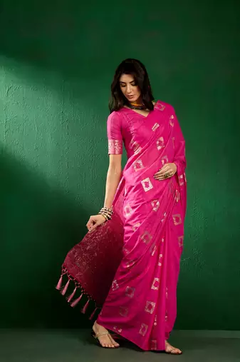 Pink Color Weaving Work Cotton Blend Saree With Blouse