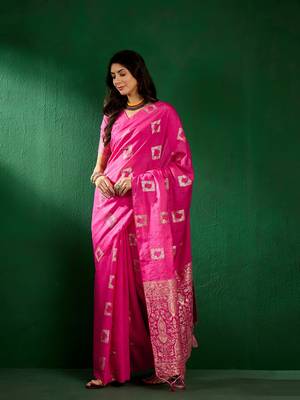 Pink Color Weaving Work Cotton Blend Saree With Blouse 3