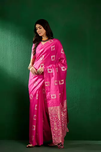 Pink Color Weaving Work Cotton Blend Saree With Blouse