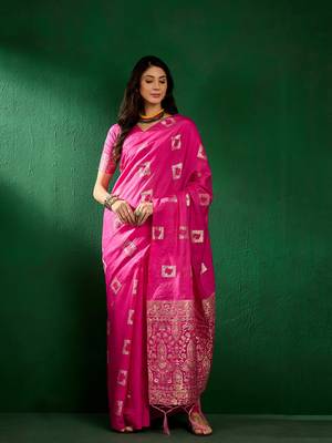 Pink Color Weaving Work Cotton Blend Saree With Blouse 4