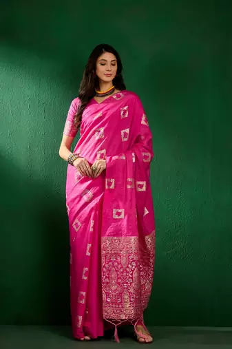 Pink Color Weaving Work Cotton Blend Saree With Blouse
