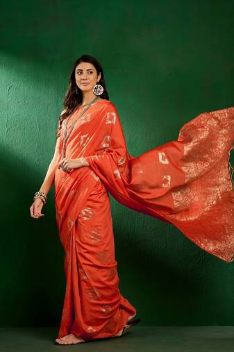 Fanta Color Weaving Work Cotton Blend Saree With Blouse