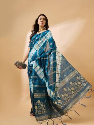 Teal Color Weaving Work Cotton Blend Saree With Blouse 1