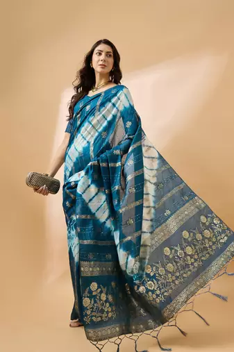 Teal Color Weaving Work Cotton Blend Saree With Blouse