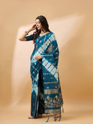 Teal Color Weaving Work Cotton Blend Saree With Blouse 3
