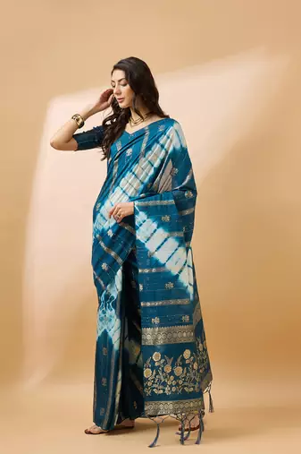 Teal Color Weaving Work Cotton Blend Saree With Blouse