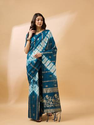 Teal Color Weaving Work Cotton Blend Saree With Blouse 4