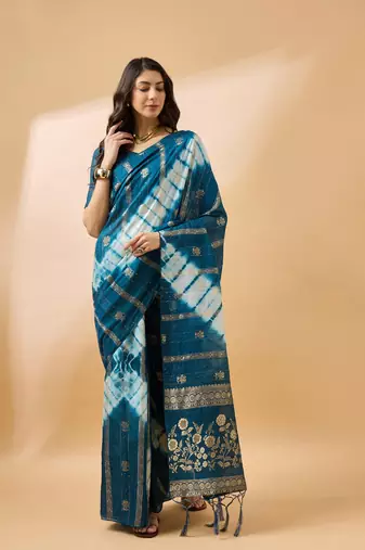 Teal Color Weaving Work Cotton Blend Saree With Blouse