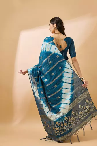 Teal Color Weaving Work Cotton Blend Saree With Blouse