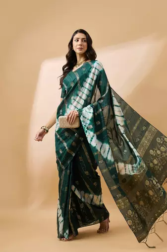 Green Color Weaving Work Cotton Blend Saree With Blouse