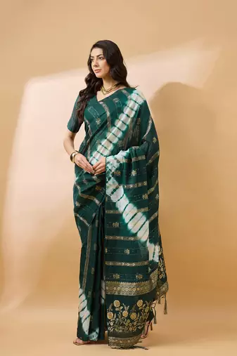 Green Color Weaving Work Cotton Blend Saree With Blouse