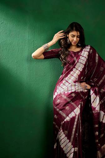 Wine Color Weaving Work Cotton Blend Saree With Blouse