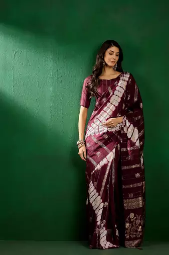 Wine Color Weaving Work Cotton Blend Saree With Blouse