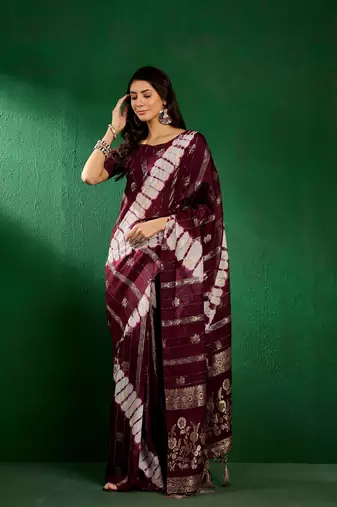 Wine Color Weaving Work Cotton Blend Saree With Blouse