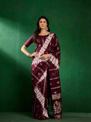 Wine Color Weaving Work Cotton Blend Saree With Blouse 4