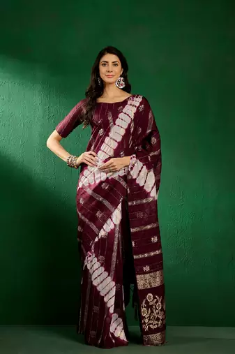 Wine Color Weaving Work Cotton Blend Saree With Blouse