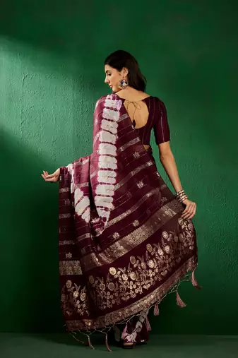 Wine Color Weaving Work Cotton Blend Saree With Blouse