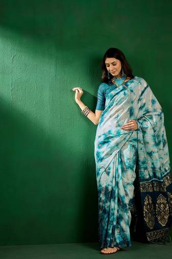 Teal Color Weaving Work Cotton Blend Saree With Blouse