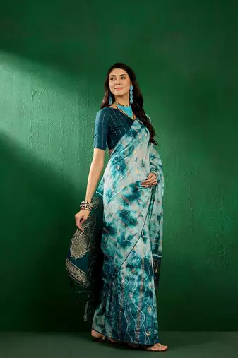 Teal Color Weaving Work Cotton Blend Saree With Blouse