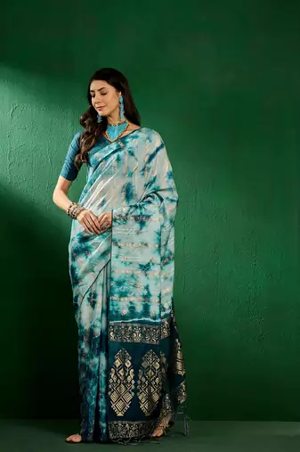 Teal Color Weaving Work Cotton Blend Saree With Blouse