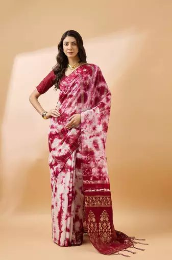 Red Color Weaving Work Cotton Blend Saree With Blouse